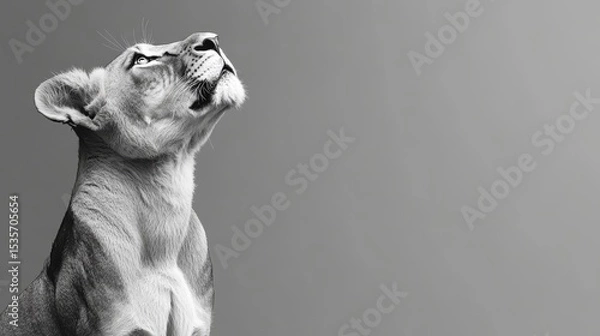 Fototapeta A lion in its adulthood, boasting a majestic mane, poses confidently in front of a plain white background