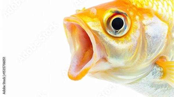 Fototapeta A clownfish is shown in a defensive posture, set against a white backdrop