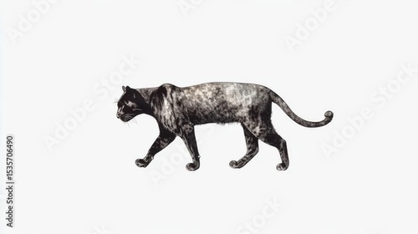 Fototapeta A sleek black panther is shown walking in profile against a white backdrop