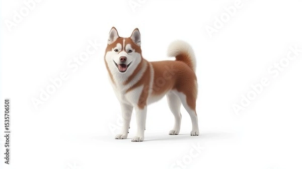 Fototapeta A white background serves as the setting for a rear view of a Siberian Husky wagging its tail