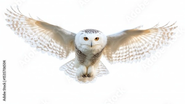Fototapeta In this image, a snowy owl takes off, captured from a rear view and set against a plain white background