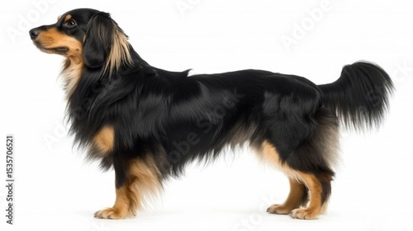 Fototapeta A dachshund is seen from behind as it walks away with its tail wagging, set against a white background