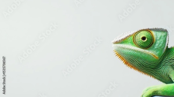Fototapeta A chameleon is shown from the side as it changes colors against a white backdrop