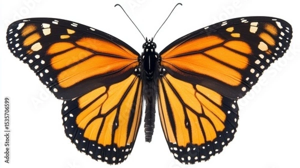 Fototapeta A monarch butterfly is shown resting in a side view against a white background