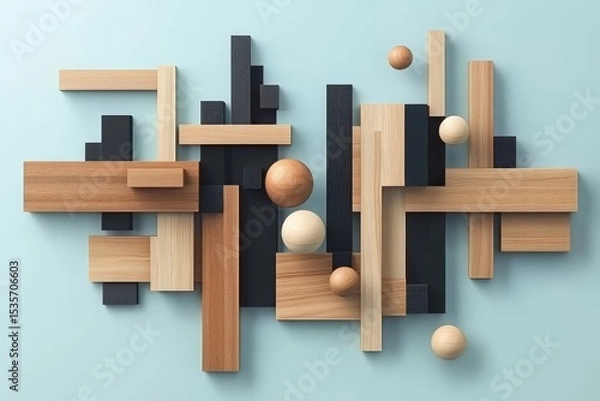 Fototapeta The incorporation of dynamic networking with wood accents on a blue background that calms