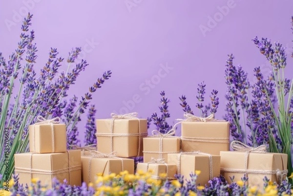 Fototapeta Pastel-colored photo holders in lavender and yellow are set against a soft background to inspire design ideas