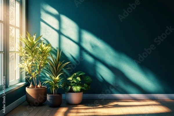 Fototapeta Modern interior design showcasing a moody teal wall with a succulent and hardwood flooring in the soft afternoon light