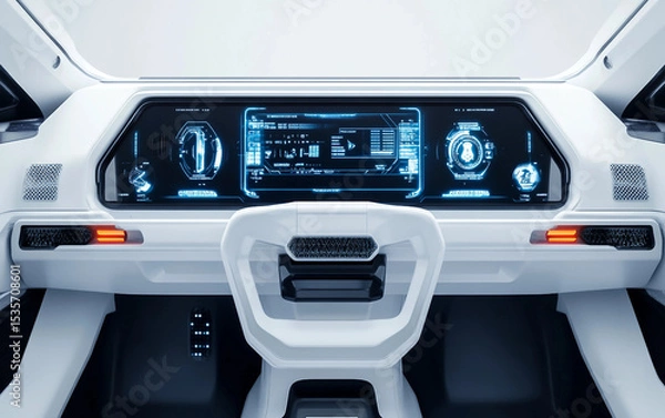 Fototapeta White futuristic concept car dashboard with sleek digital displays and advanced control panels isolated on transparent background PNG