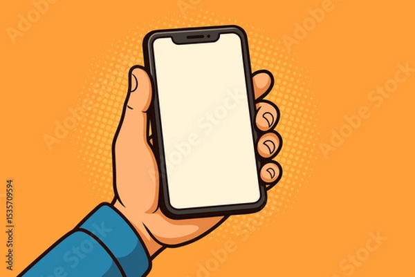 Fototapeta Hand holding a smartphone with a blank white screen in pop art comic style. Mobile phone mockup template for application or website design. Retro vector illustration with copy space.