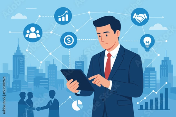 Fototapeta Businessman using a tablet to manage a digital business ecosystem. Icons represent data analytics, financial growth, teamwork, partnership, and innovation. Corporate technology.