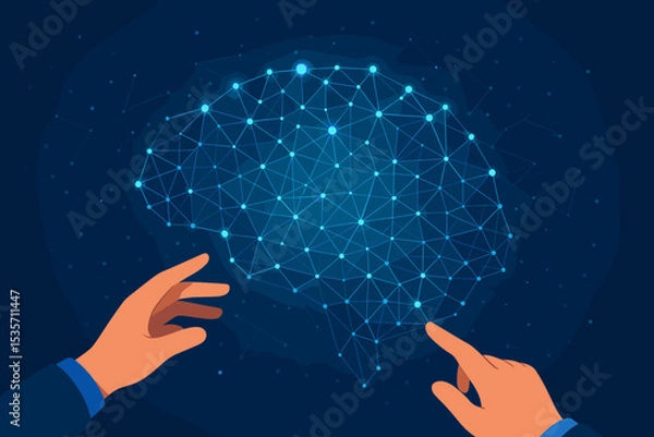 Fototapeta Artificial intelligence concept with hands interacting with a digital brain. Neural network for machine learning and big data analysis. Future technology, neuroscience and business innovation.