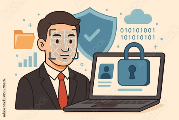Fototapeta Cybersecurity concept with face recognition. Biometric authentication for secure data access and identity verification. Man's face scanned by AI for login. Digital privacy protection.
