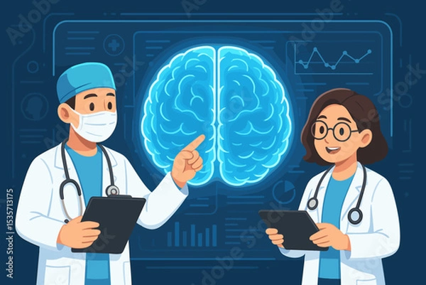 Fototapeta Medical team of doctors analyzing brain scan. Neurologists collaborating on diagnosis with futuristic digital technology. Neuroscience, neurology, and healthcare innovation concept.