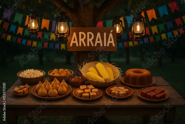 Fototapeta Mesa de madeira com comidas típicas de festa junina, como milho, bolo, coxinhas e doces, decorada com lanternas e bandeirinhas coloridas ao ar livre.