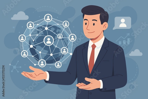 Fototapeta Businessman presenting a global customer network concept. International business connection, social media, CRM, and marketing strategy. Worldwide communication technology for growth.