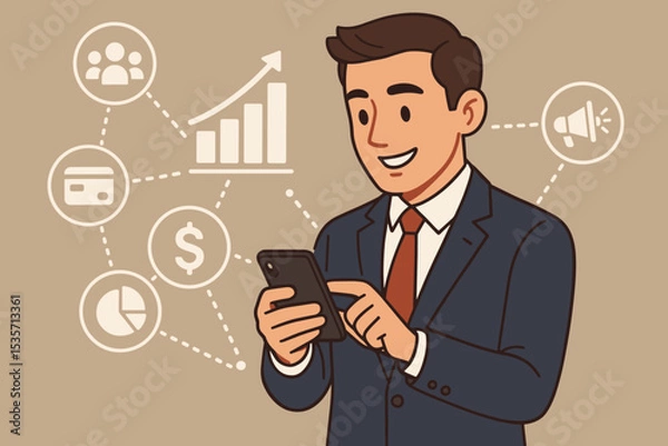 Fototapeta Businessman using smartphone for digital business growth. Vector illustration of financial management, marketing, and data analytics icons. Concept of mobile banking and investment.
