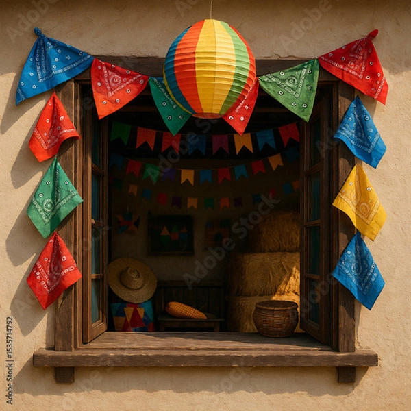 Fototapeta Janela decorada com lenços coloridos, balão junino e bandeirinhas, em ambiente rústico com fardos de palha e elementos típicos de festa junina.