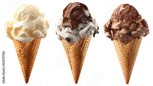 Fototapeta Delicious trio of ice cream cones featuring vanilla cookies and cream and chocolate peanut butter flavors on isolated on white transparent background