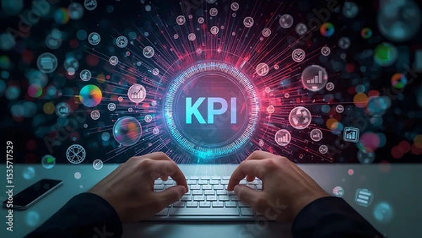 Fototapeta Business Professional Using AI Powered KPI Dashboards for Business Data Analysis, Performance Metrics, Growth, Success and Strategic Businessmen Insights in Digital Workspace