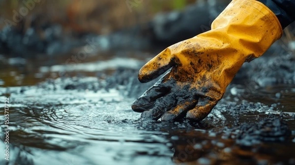 Obraz A gloved hand covered in oil touches a polluted water surface, highlighting environmental contamination and the impact of oil spills.