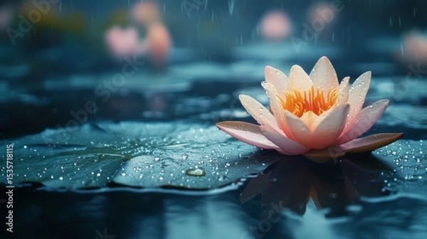 Obraz A delicate pink water lily blooms on a rain-kissed pond, surrounded by green lily pads and soft raindrops, creating a serene and peaceful atmosphere.