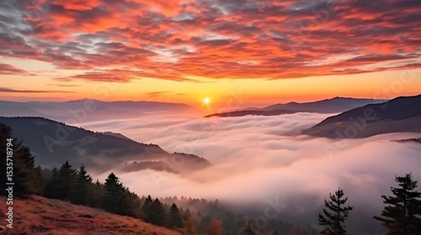 Obraz A warm sunrise scene with the Carpathian peaks sharply silhouetted, a fiery orange and pink sky filled with dramatic swirling clouds, mist rolling through the valleys below.