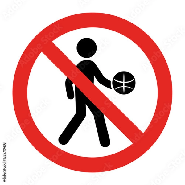 Fototapeta No basketball playing allowed sign. Simple prohibition symbol shows person with ball. Prohibited activity icon for public places. This no basketball icon is perfect for creating warning signs.