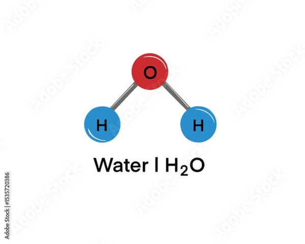 Fototapeta Vector ball-and-stick model model of chemical substance. Icon of water molecule H2O consisting of oxygen and hydrogen. Structural formula suitable for education isolated on a white background