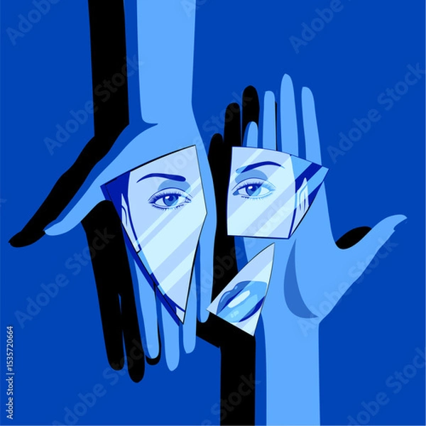 Fototapeta Female hands holding on palms shards of broken mirror with a reflection of a female eyes and lips. Vector Illustration in blue colors flat style