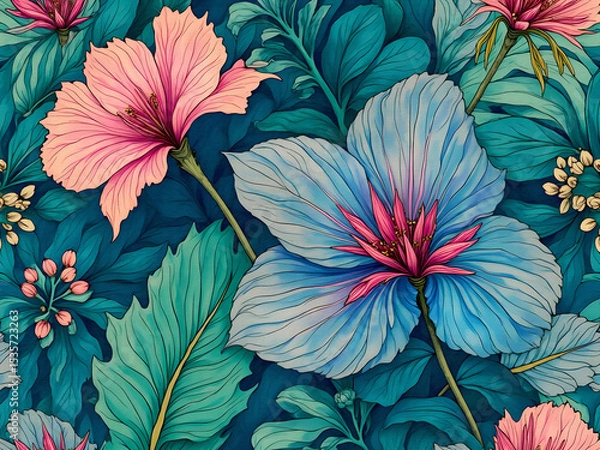 Obraz Hibiscus flowers in pink and lilac with large teal leaves. Soft and dreamy tropical mood.