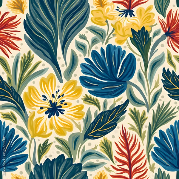 Obraz Cute doodle-style floral pattern in red, blue, and yellow. Simple and fun design on creamy white.