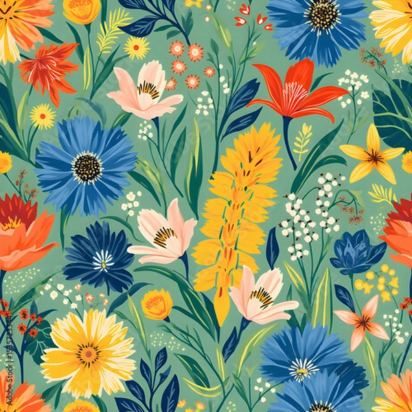Obraz Playful wildflower field in bright colors. Fun and cheerful floral art on a soft blue background.