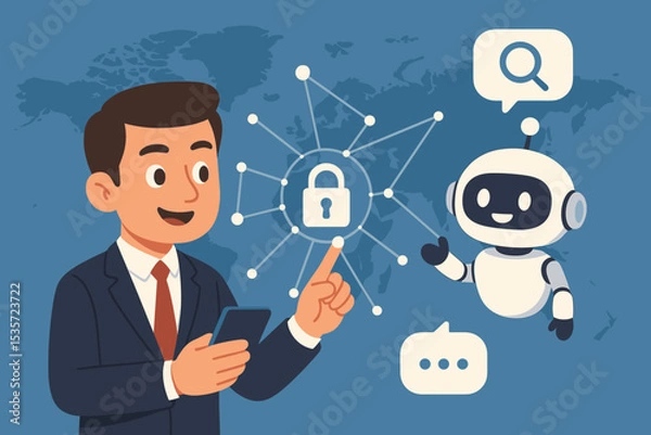 Fototapeta Businessman interacting with AI chatbot on a smartphone. Cybersecurity concept with padlock icon, global network, and data protection. Virtual assistant robot for customer service.