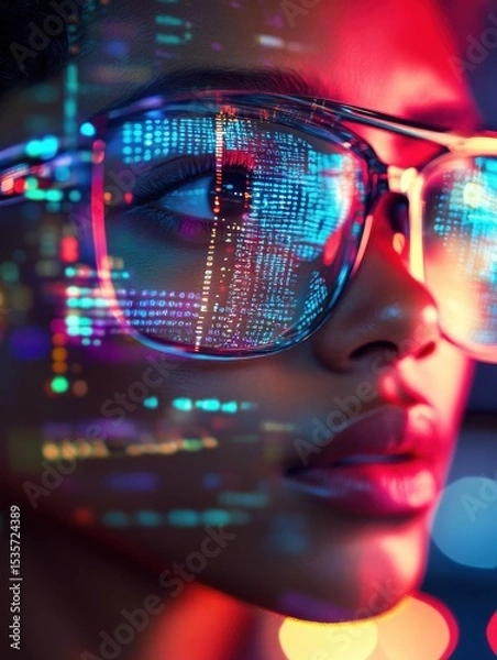 Obraz Vibrant close-up of a person wearing glasses, reflecting colorful digital data and technology concepts.