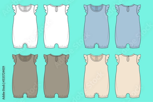 Fototapeta Infant Toddler Baby girls frill sleeve Romper colour way set technical drawing fashion flat sketch front and back views outline CAD mockup.