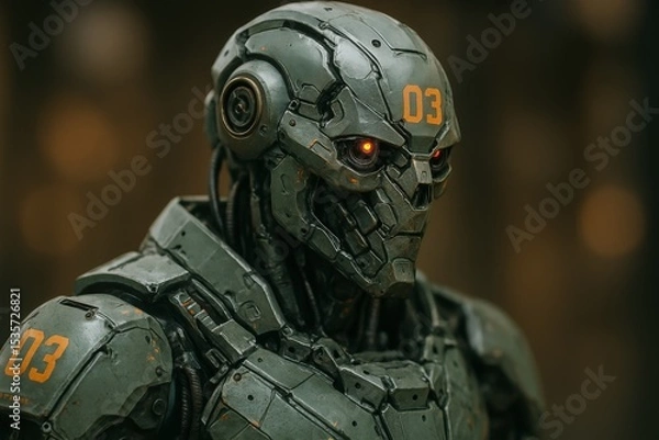 Obraz Battle-worn sci-fi soldier with glowing red eye