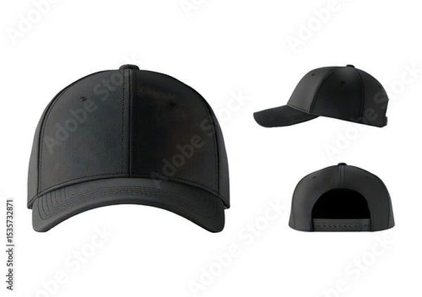 Fototapeta Black baseball cap front side and back views on transparent background, PNG
