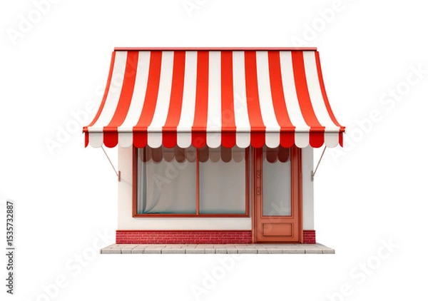 Fototapeta Charming red and white striped awning on small storefront with closed door and window on transparent background, PNG