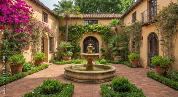 Fototapeta Mediterranean Courtyard Oasis - Serene courtyard fountain, lush greenery, and terracotta architecture create a tranquil escape. Perfect for luxury real estate, travel, or lifestyle publications