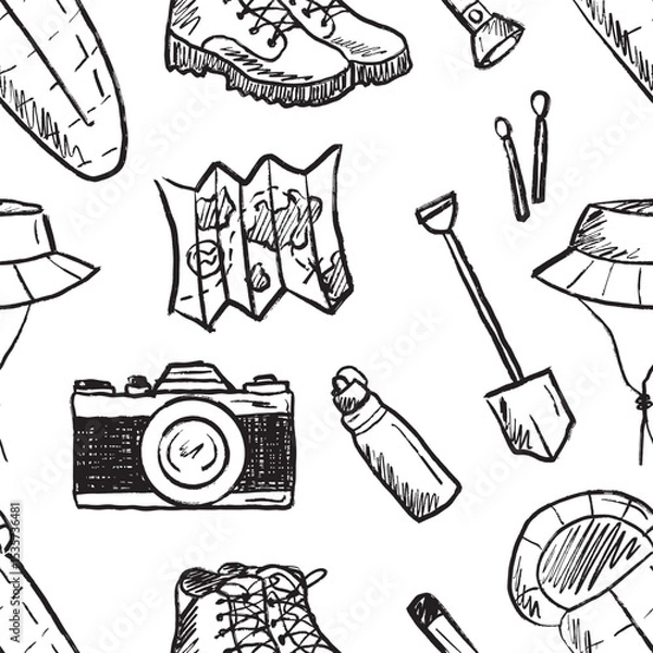 Fototapeta Seamless pattern with travel accessories in black brush stroke texture isolated on white. Hand drawn vector sketch illustration in vintage charcoal ink. Sleeping bag, camping, camera, map design