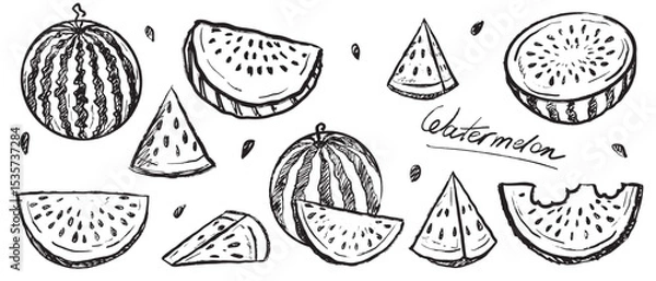 Fototapeta Set of watermelons whole, sliced and pieces in black brush stroke texture isolated on white. Hand drawn vector sketch illustration in vintage charcoal ink. Summer berry design, juicy fruit