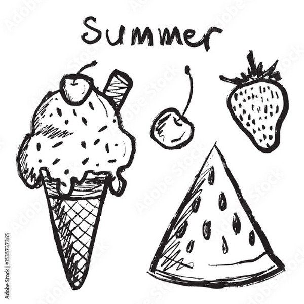 Fototapeta Ice cream with cherry, watermelon and strawberry as a symbol of summer in black brush stroke texture isolated on white. Hand drawn vector sketch illustration in vintage charcoal ink