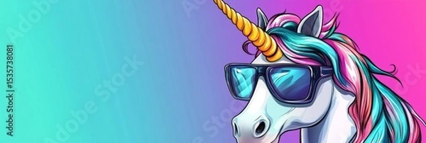 Obraz Colorful unicorn illustration wearing stylish sunglasses, with vibrant gradient background blending turquoise and pink, creating a whimsical and playful atmosphere for design projects