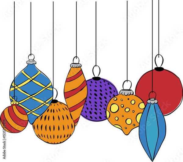 Fototapeta Christmas toys glass baubles composition isolated. Vector graphic line ink illustration. design for fashion graphics, textile prints, fabrics, wallpapers.