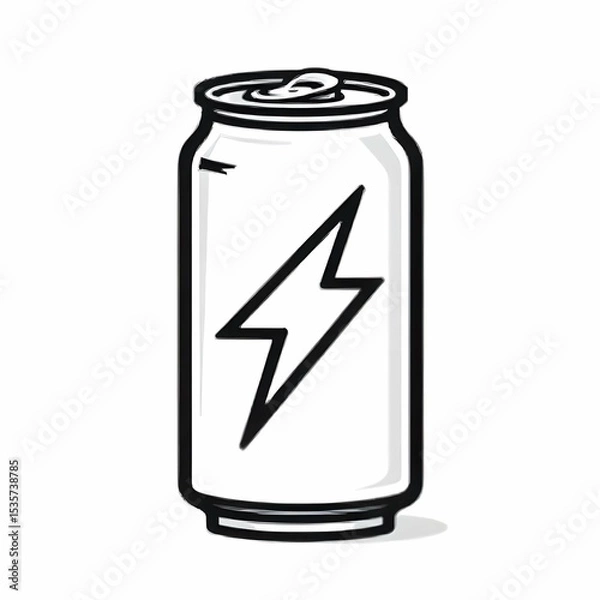 Obraz Single vector icon in black and white of a small can with a bold lightning bolt, symbolizing energy drink, clean line art, no background