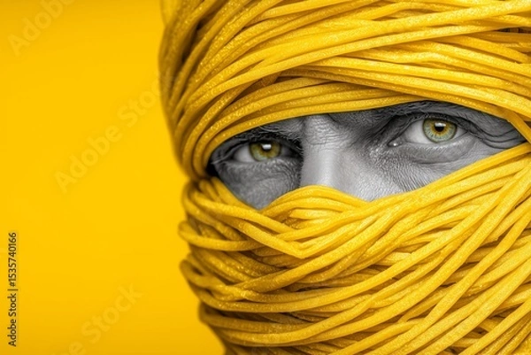 Fototapeta Black and white adult man with intense gaze wrapped in bright yellow spaghetti strands against monochrome yellow background. Concept of surreal art, abstract identity, and creative food symbolism.