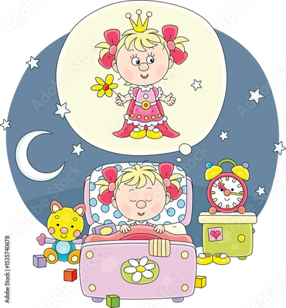 Obraz Little girl sleeping in her pretty small bed among funny toys in a nursery room on a moonlit night and dreaming that she is a cute princess from a fairy tale, vector cartoon illustration