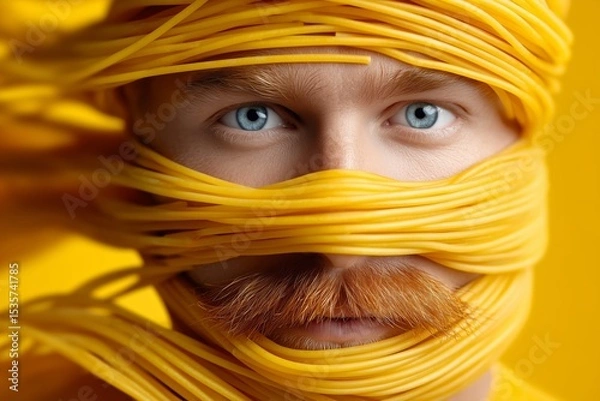 Fototapeta White adult man with red mustache and blue eyes wrapped in yellow spaghetti against yellow background. Concept of surreal portrait, food creativity, and visual humor in modern art.