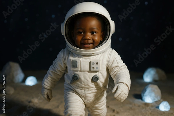 Obraz Smiling young child in a white spacesuit exploring rocky lunar surface beneath a starry night sky, expressing curiosity and wonder