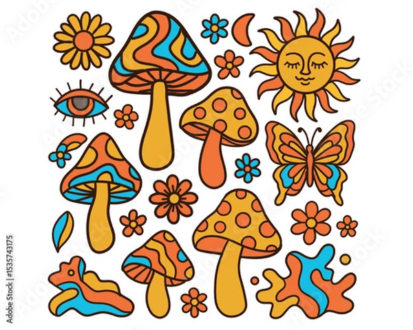 Fototapeta Vector set of 60s and 70s psychedelic clipart. Retro groovy mushrooms, flowers, eyes, sun, moon, butterfly. Cartoon hippie stickers. Vintage boho illustrations. Abstract trippy art